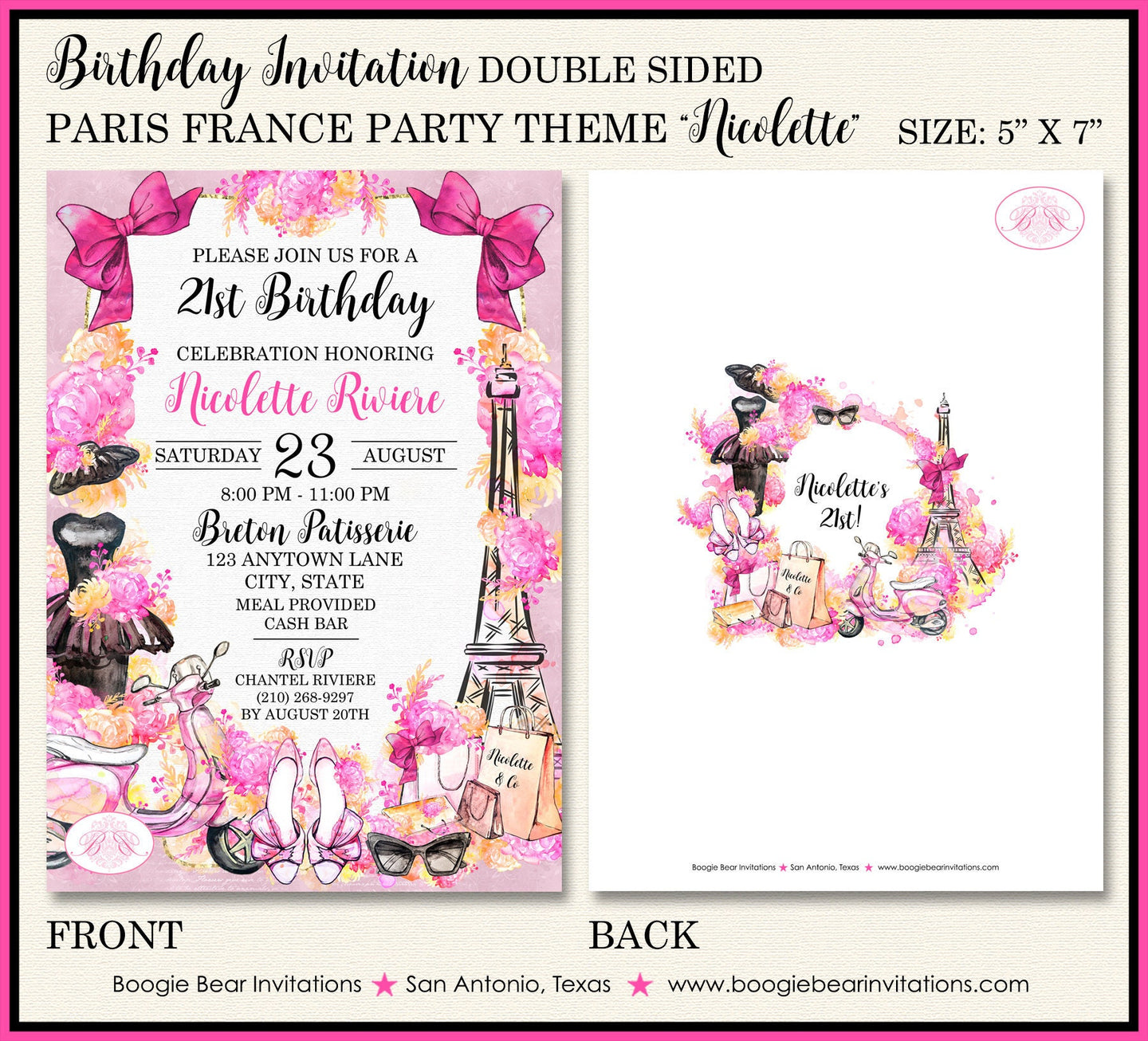 Pink Paris France Birthday Party Invitation Eiffel Tower France Fashion Boogie Bear Invitations Nicolette Theme Paperless Printable Printed