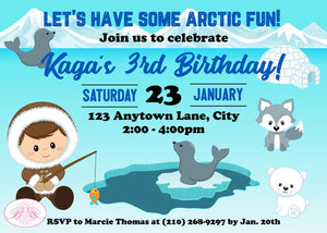 Boy Eskimo Blue Birthday Party Invitation Seal Bear Wolf Arctic Polar Tundra Boogie Bear Invitations Kaga Theme Paperless Printable Printed