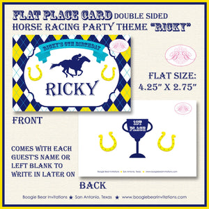 Horse Racing Birthday Party Favor Card Tent Appetizer Place Sign Yellow Blue Kentucky Derby Jockey Track Boogie Bear Invitations Ricky Theme