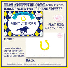 Load image into Gallery viewer, Horse Racing Birthday Party Favor Card Tent Appetizer Place Sign Yellow Blue Kentucky Derby Jockey Track Boogie Bear Invitations Ricky Theme