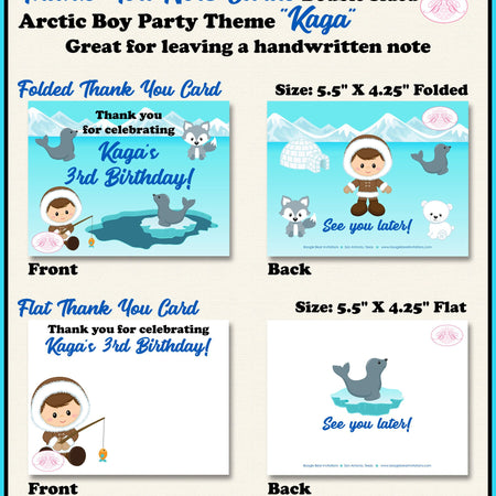 Boy Eskimo Blue Party Thank You Cards Note Birthday Seal Bear Wolf Arctic Polar Tundra Winter Kid Boogie Bear Invitations Kaga Theme Printed