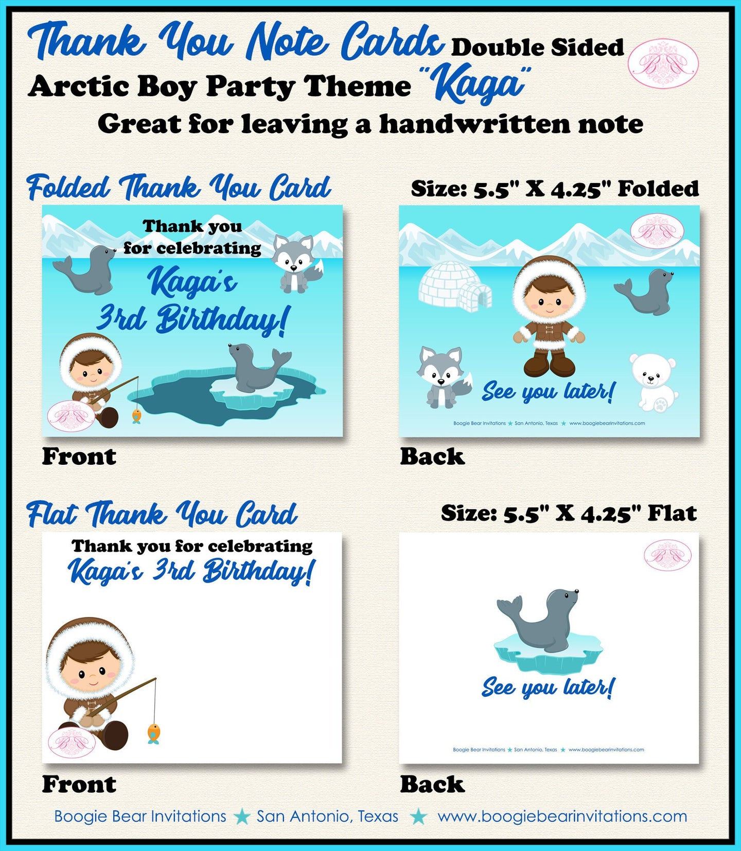 Boy Eskimo Blue Party Thank You Cards Note Birthday Seal Bear Wolf Arctic Polar Tundra Winter Kid Boogie Bear Invitations Kaga Theme Printed
