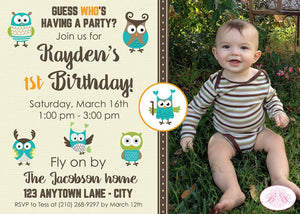 Forest Owls Birthday Party Invitation Photo Boy Girl Retro Woodland Birds Boogie Bear Invitations Kayden Theme Paperless Printable Printed