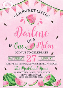 Pink Watermelon Birthday Party Invitation One Melon Fruit Sweet Melon Girl Boogie Bear Invitations Darlene Theme Paperless Printable Printed