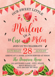 Red Watermelon Birthday Party Invitation One Melon Sweet Summer Boy Girl Boogie Bear Invitations Marlene Theme Paperless Printable Printed