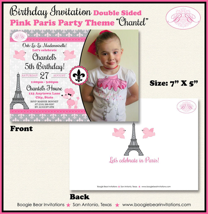 Pink Paris Birthday Party Invitation Eiffel Tower Photo Girl France French Boogie Bear Invitations Chantel Theme Paperless Printable Printed