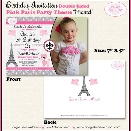 Pink Paris Birthday Party Invitation Eiffel Tower Photo Girl France French Boogie Bear Invitations Chantel Theme Paperless Printable Printed