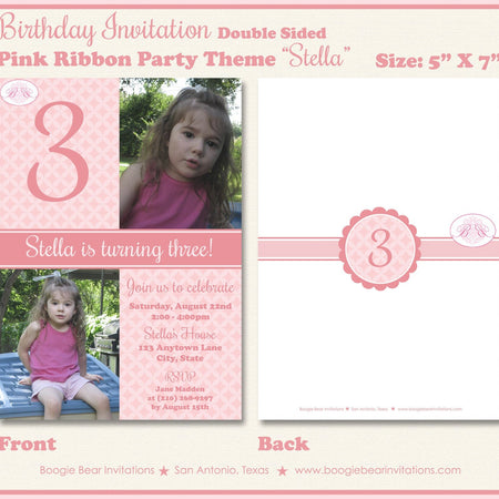 Pink Ribbon Birthday Party Invitation Photo Elegant Girl Formal Soft Flower Boogie Bear Invitations Stella Theme Paperless Printable Printed
