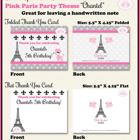 Pink Paris Party Thank You Card Birthday Girl Eiffel Tower France French Poodle Europe Travel Boogie Bear Invitations Chantel Theme Printed