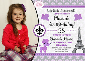 Purple Paris Birthday Party Invitation Eiffel Tower Photo France French Boogie Bear Invitations Clarita Theme Paperless Printable Printed