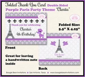 Purple Paris Party Thank You Card Birthday Girl Eiffel Tower France French Poodle Birds Europe Boogie Bear Invitations Clarita Theme Printed