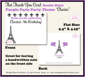Purple Paris Party Thank You Card Birthday Girl Eiffel Tower France French Poodle Birds Europe Boogie Bear Invitations Clarita Theme Printed