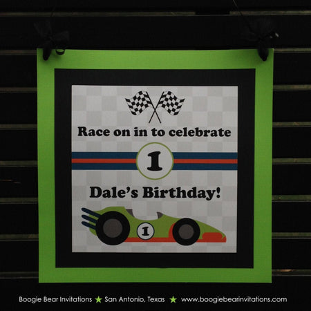 Race Car Birthday Party Door Banner Driver Boy Racing Orange Green Blue Black Checkered Flag Grand Prix Boogie Bear Invitations Dale Theme
