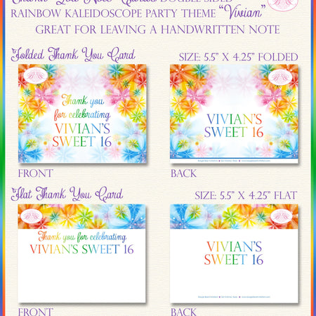 Rainbow Birthday Party Thank You Card Note Painting Girl Kaleidoscope Bokeh Flower Boogie Bear Invitations Vivian Theme Printed