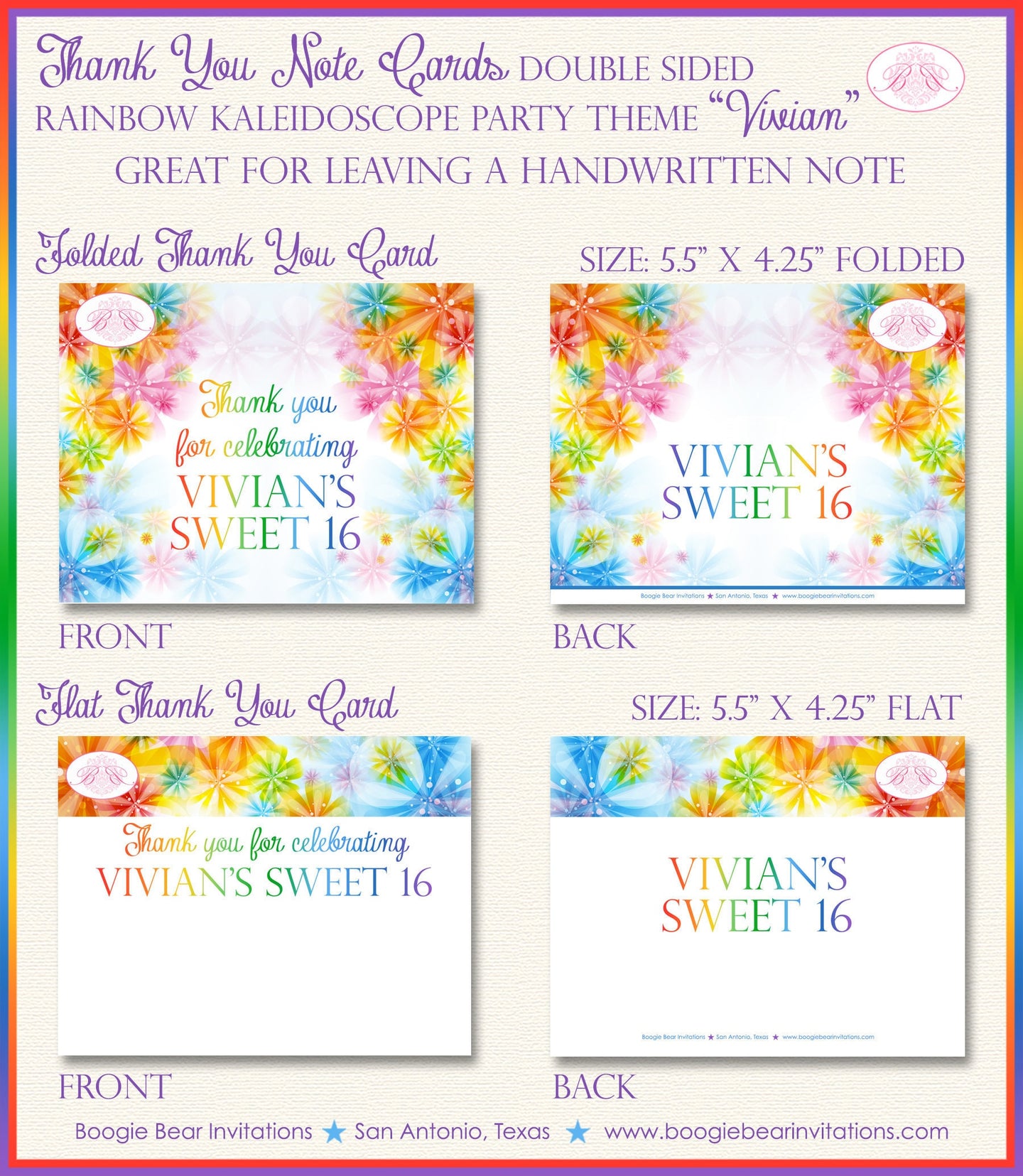 Rainbow Birthday Party Thank You Card Note Painting Girl Kaleidoscope Bokeh Flower Boogie Bear Invitations Vivian Theme Printed