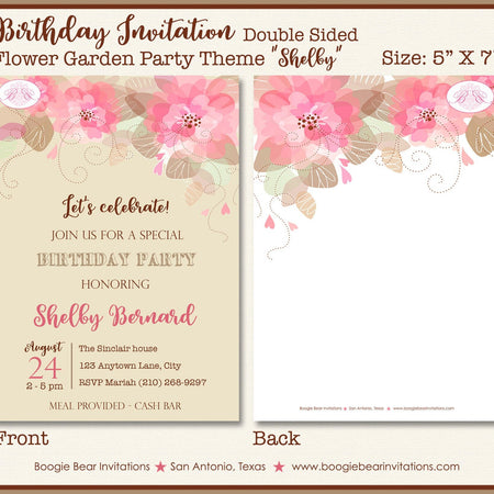 Elegant Flowers Birthday Party Invitation Ladies Garden Pink Rustic Picnic Boogie Bear Invitations Shelby Theme Paperless Printable Printed