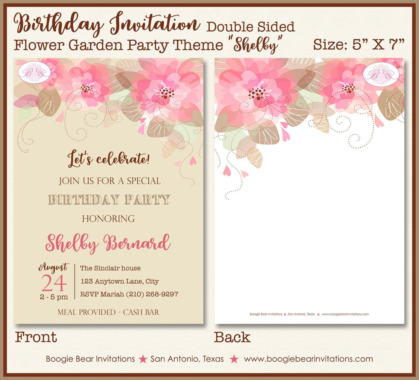Elegant Flowers Birthday Party Invitation Ladies Garden Pink Rustic Picnic Boogie Bear Invitations Shelby Theme Paperless Printable Printed