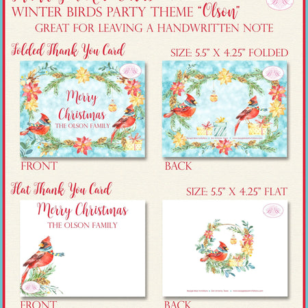 Red Cardinal Bird Party Thank You Cards Flat Folded Note Christmas Winter Tree Ornament Present Boogie Bear Invitations Olson Theme Printed