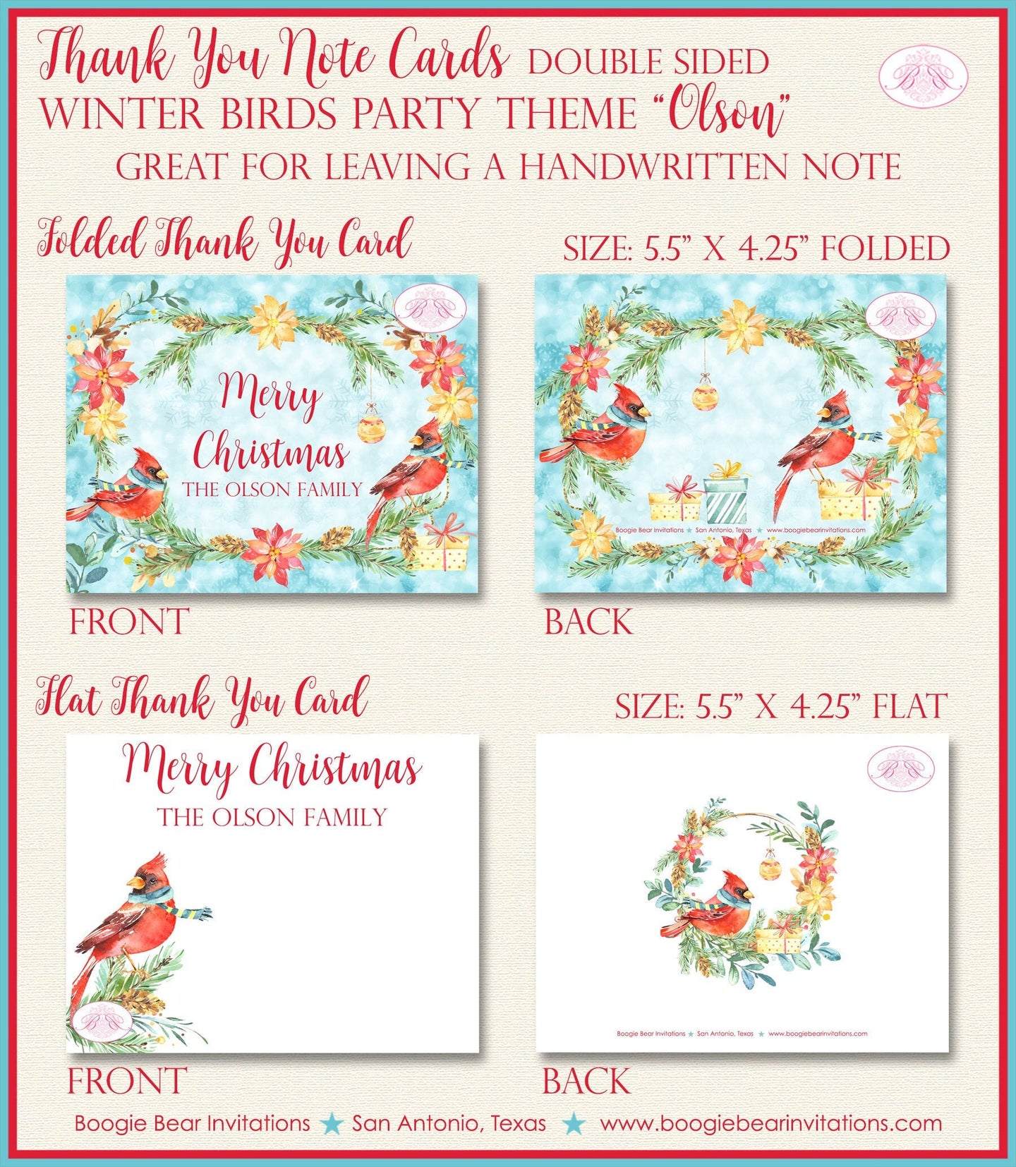 Red Cardinal Bird Party Thank You Cards Flat Folded Note Christmas Winter Tree Ornament Present Boogie Bear Invitations Olson Theme Printed