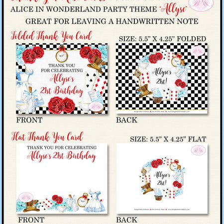 Mad Hatter Birthday Party Thank You Card Girl Tea Red Blue Black Alice in Wonderland Boogie Bear Invitations Allyse Theme Printed