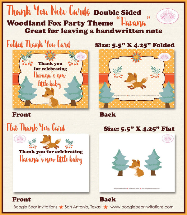 Woodland Fox Party Thank You Card Favor Note Baby Shower Party Boy Girl Forest Tree Autumn Fall Boogie Bear Invitations Havana Theme Printed