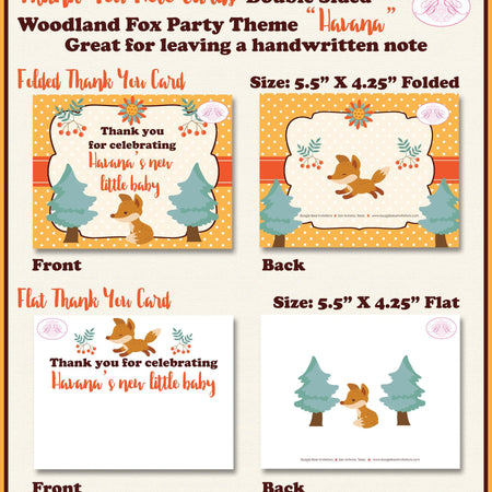 Woodland Fox Party Thank You Card Favor Note Baby Shower Party Boy Girl Forest Tree Autumn Fall Boogie Bear Invitations Havana Theme Printed