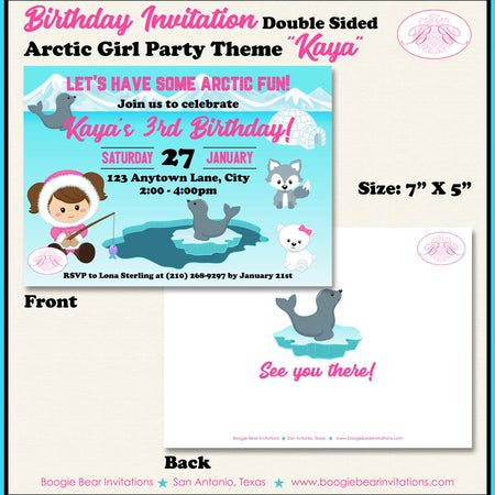 Pink Eskimo Girl Birthday Party Invitation Seal Bear Wolf Arctic Polar Tundra Boogie Bear Invitations Kaya Theme Paperless Printable Printed