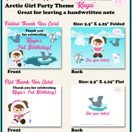 Girl Eskimo Pink Party Thank You Cards Note Birthday Seal Bear Wolf Arctic Polar Tundra Winter Boogie Bear Invitations Kaya Theme Printed