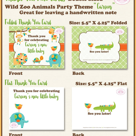 Wild Zoo Animals Party Thank You Card Favor Note Baby Shower Party Boy Girl Monkey Giraffe Bird Boogie Bear Invitations Carson Theme Printed