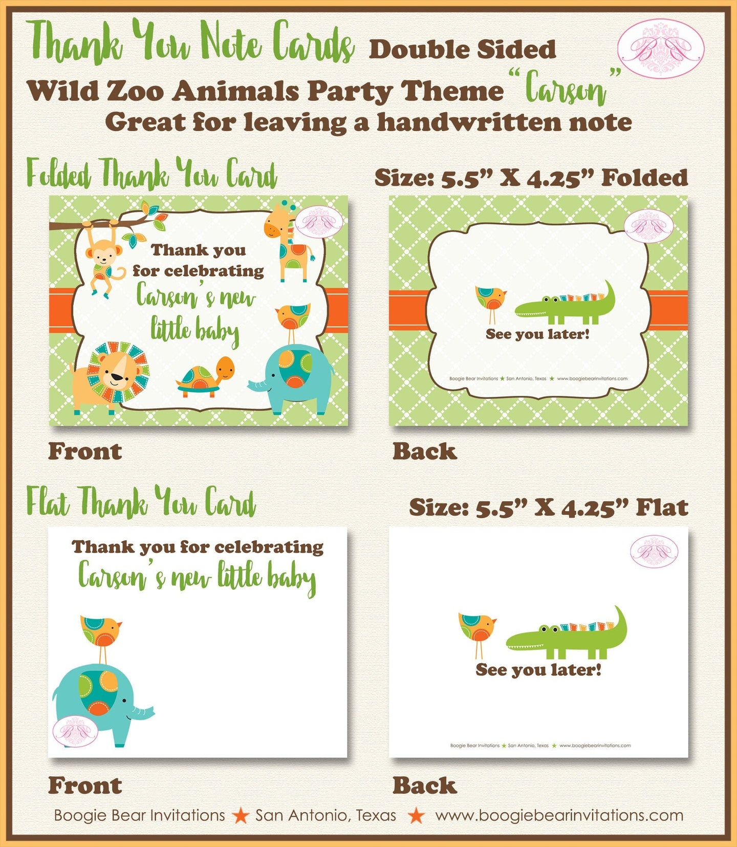 Wild Zoo Animals Party Thank You Card Favor Note Baby Shower Party Boy Girl Monkey Giraffe Bird Boogie Bear Invitations Carson Theme Printed