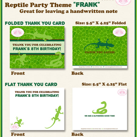 Reptile Birthday Party Thank You Card Snake Leaf Frog Toad Snake Amazon Jungle Rain Forest Green Boogie Bear Invitations Frank Theme Printed