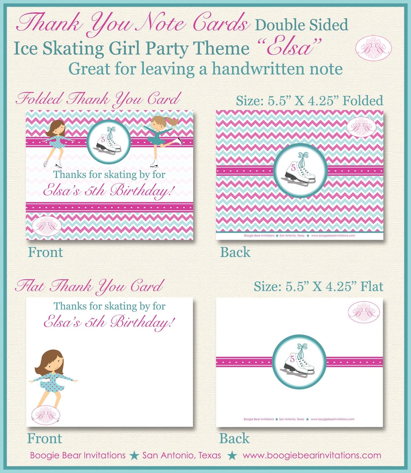 Ice Skating Birthday Party Thank You Card Pink Blue Girl Winter Christmas Skate Chevron Snow Rink Boogie Bear Invitations Elsa Theme Printed