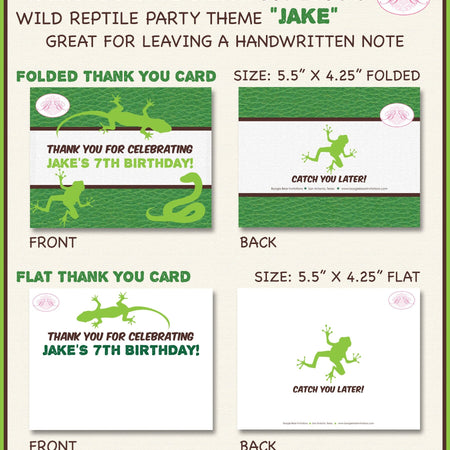 Reptile Birthday Party Thank You Card Snake Leaf Frog Toad Snake Amazon Jungle Rain Forest Green Boogie Bear Invitations Jake Theme Printed