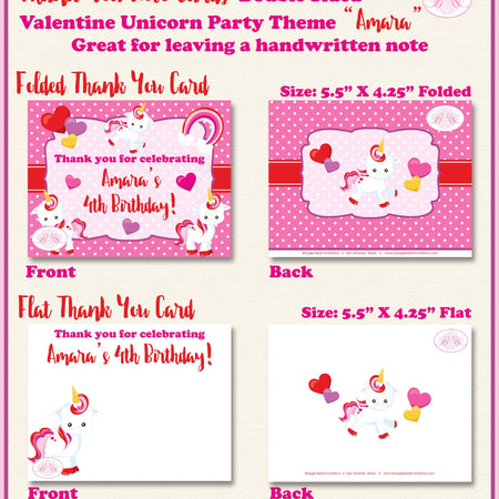 Valentine Unicorn Party Thank You Card Birthday Girl Pink Rainbow Day Love Horse Heart Polka Dot Boogie Bear Invitations Amara Theme Printed