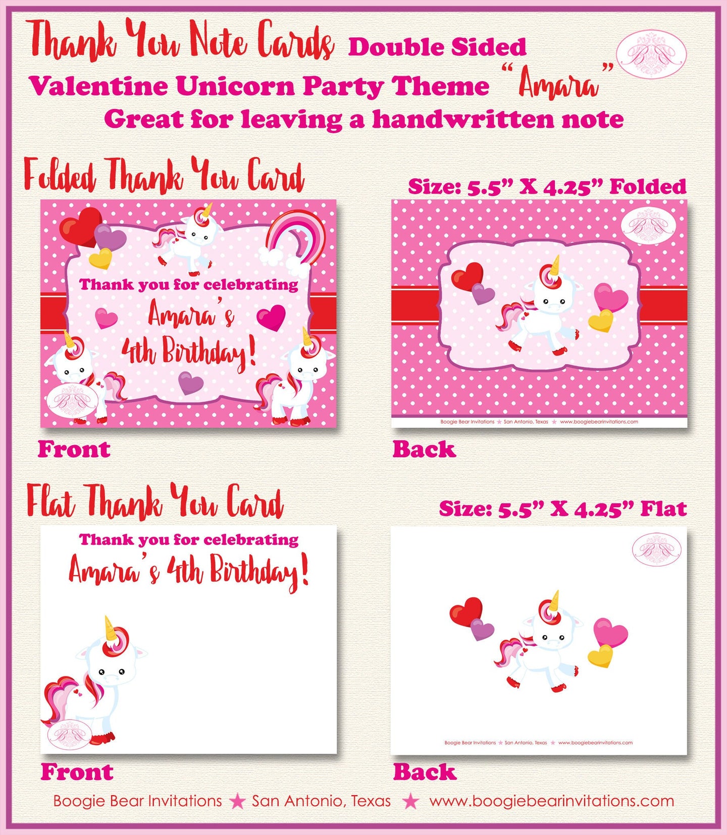 Valentine Unicorn Party Thank You Card Birthday Girl Pink Rainbow Day Love Horse Heart Polka Dot Boogie Bear Invitations Amara Theme Printed