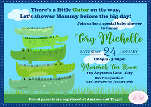 Little Alligator Baby Shower Invitation Boy Girl Green Birthday Party Chomp Boogie Bear Invitations Tory Theme Paperless Printable Printed
