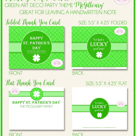 St. Patrick's Day Thank You Cards Party Note Irish Green Lucky Shamrock Art Deco Holiday Boogie Bear Invitations McGillvary Theme Printed