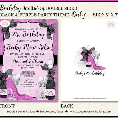 Black Purple Modern Birthday Party Invitation Champagne Shoe Fashion Chic Boogie Bear Invitations Becky Theme Paperless Printable Printed