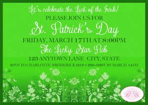 St. Patrick's Day Party Invitation Spring Flowers Green Garden Irish 1st Boogie Bear Invitations Broderick Theme Paperless Printable Printed