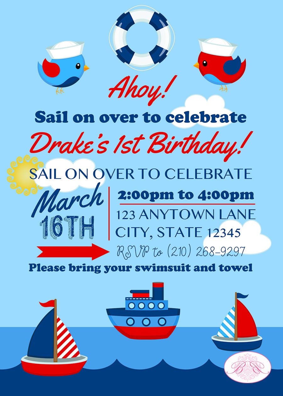 Nautical Sailor Birthday Party Invitation Boat Boy Girl Red Blue Ocean –  Boogie Bear Invitations