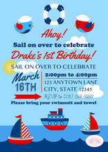 Load image into Gallery viewer, Nautical Sailor Birthday Party Invitation Boat Boy Girl Red Blue Ocean Sail Boogie Bear Invitations Drake Theme Paperless Printable Printed
