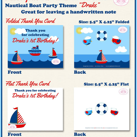 Nautical Sailor Party Thank You Cards Birthday Boat Boy Girl Red Blue Ocean Sail Ship Bird Swim Boogie Bear Invitations Drake Theme Printed