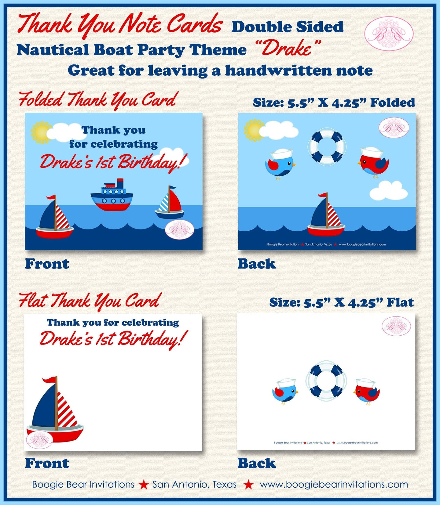 Nautical Sailor Party Thank You Cards Birthday Boat Boy Girl Red Blue Ocean Sail Ship Bird Swim Boogie Bear Invitations Drake Theme Printed