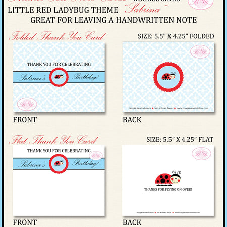 Red Ladybug Party Thank You Card Note Birthday Garden Little Flower Red Black Blue Lady Bug Boogie Bear Invitations Sabrina Theme Printed
