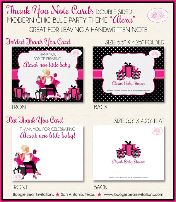 Modern Chic Pink Party Thank You Card Favor Note Baby Shower Girl Black White Polka Dot Fashion Boogie Bear Invitations Alexa Theme Printed