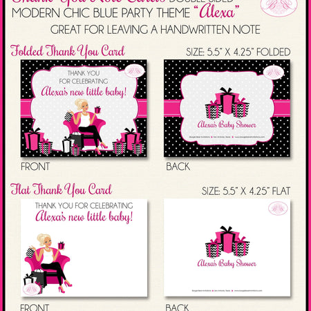 Modern Chic Pink Party Thank You Card Favor Note Baby Shower Girl Black White Polka Dot Fashion Boogie Bear Invitations Alexa Theme Printed