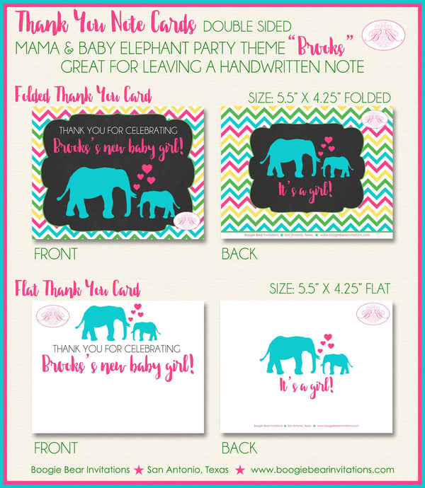 Pink Elephant Thank You Card Baby Shower Girl Party Chevron Zoo Chalkboard Aqua Turquoise Blue Boogie Bear Invitations Brooks Theme Printed
