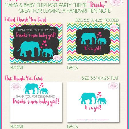 Pink Elephant Thank You Card Baby Shower Girl Party Chevron Zoo Chalkboard Aqua Turquoise Blue Boogie Bear Invitations Brooks Theme Printed