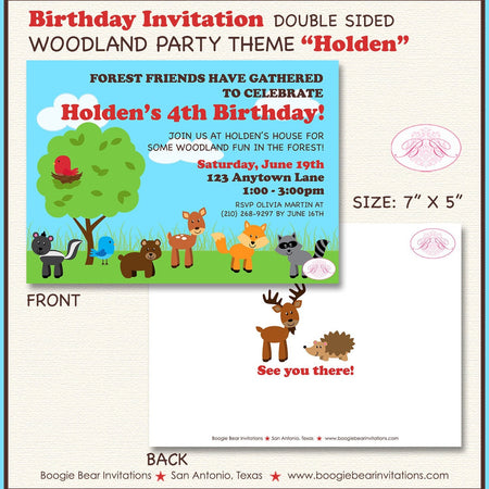 Woodland Animals Birthday Party Invitation Fox Deer Raccoon Forest Boy Girl Boogie Bear Invitations Holden Theme Paperless Printable Printed