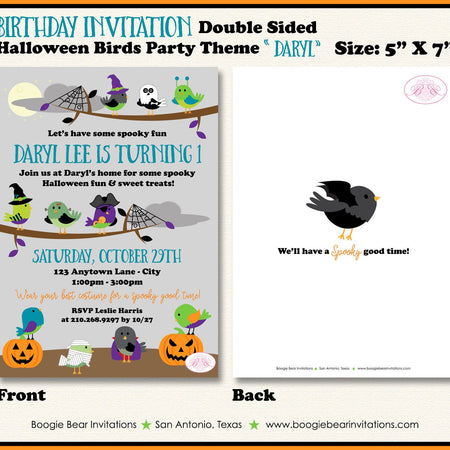 Halloween Birds Birthday Party Invitation Boy Girl Costume Spider Web Witch Boogie Bear Invitations Daryl Theme Paperless Printable Printed